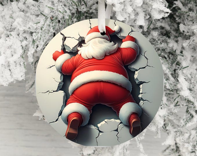 Dual-Sided Santa Claus Ornament, Funny Christmas Decor, Unique Holiday Decoration, Santa in Wall, Humorous Xmas Ornament Gift Idea
