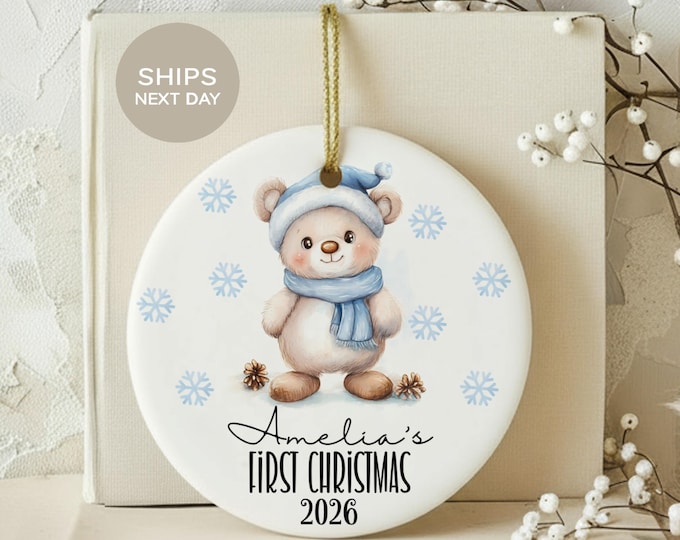 Baby First Christmas Ornament, Custom Watercolor Bear Keepsake, Personalized New Baby Name Ornament, Cute Winter Wonderland Tree Decor