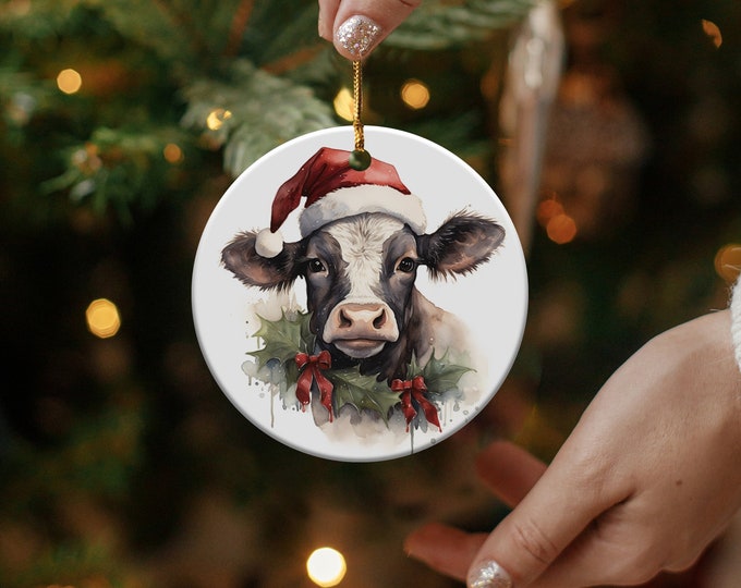 Christmas Ornament Festive Cow with Santa Hat Graphic, Keepsake Ornament Gift The Family