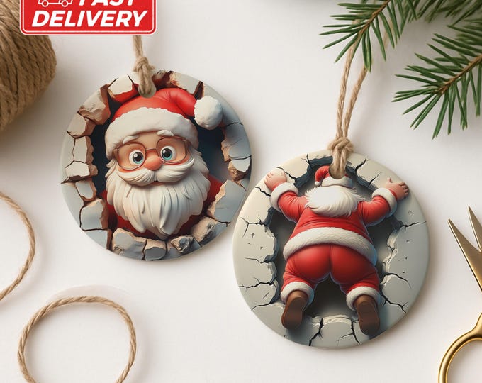 Santa Stuck Ornament, Funny Santa, Christmas Ornament, Holiday Decor, Dual-Sided Ornament, Unique Xmas Gift, Quirky Ornament, Gift for