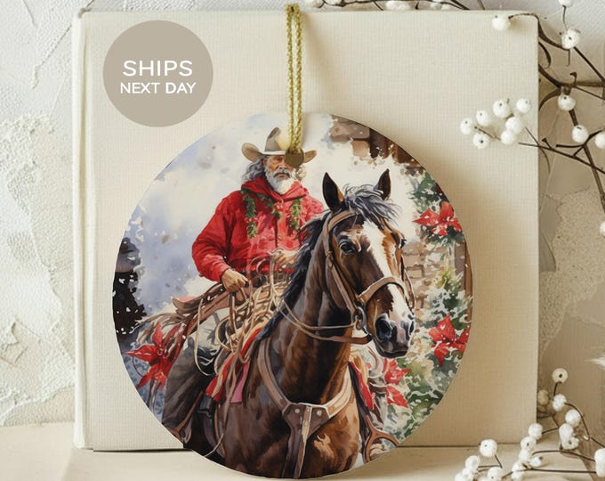 Cowboy Santa Christmas Ornament, Rustic Western Horse Riding Holiday Decor, Country Farmhouse Ceramic Keepsake Gift for Horse Lover