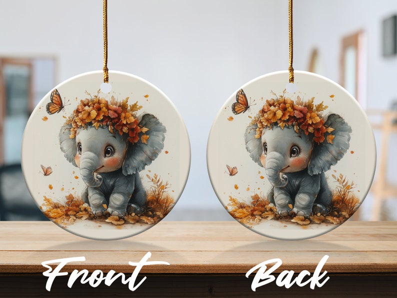 Cute Baby Elephant With Flowers and Butterflies Ornaments, Christmas