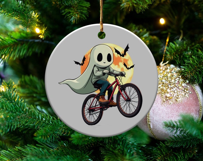 Cute Ghost on Bike Ornament, Halloween Decor, Spooky Home Decoration, Fun Ghostly Bicycle Art, Unique Gift for Bike Lovers