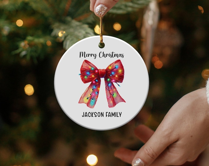Personalized Family Christmas Ornament, Custom Xmas Bow Decoration, Holiday Tree Ornament, Christmas Gift Keepsake, Family Coquette Bow Gift