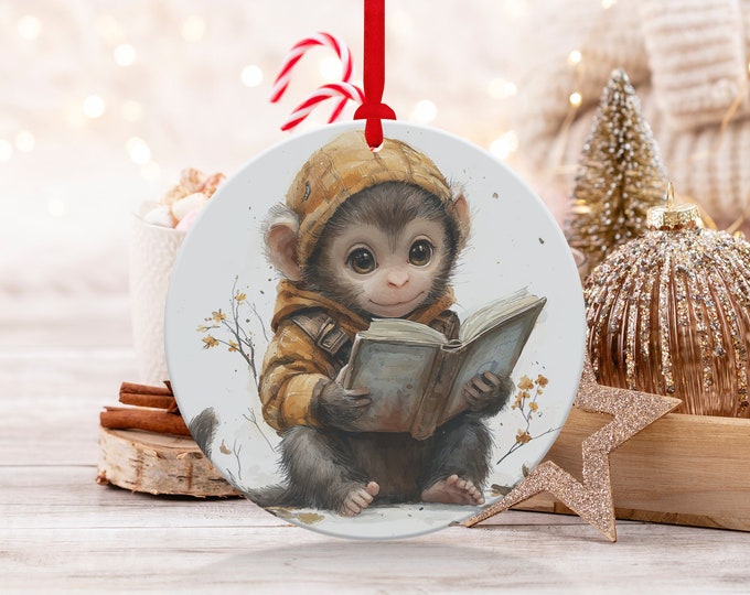 Cute Baby Monkey Reading a Book Ornaments, Christmas Ornament Gift For Son & Daughter, Animal lovers Gift For The Family Friends