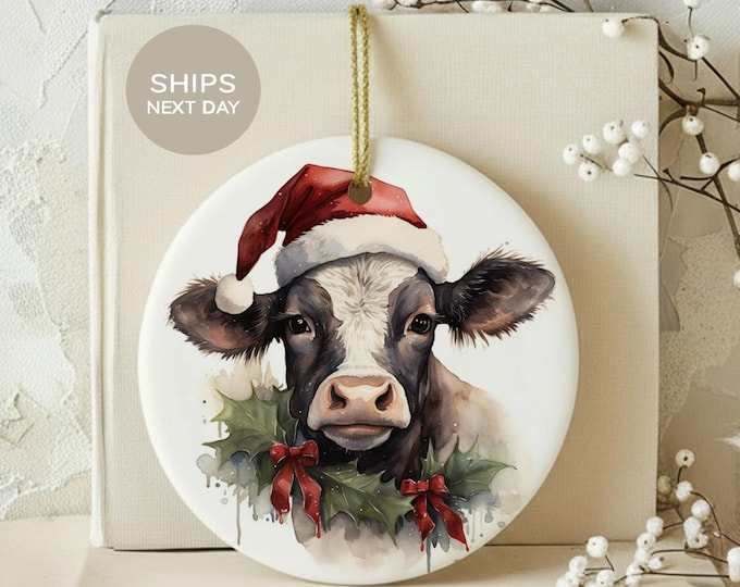 Cow Christmas Ornament, Rustic Farmhouse Cow in Santa Hat Ceramic Holiday Decor, Cute Farm Animal Tree Decoration, Christmas Gift for Cow