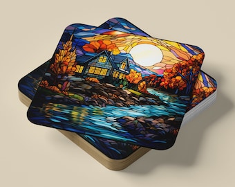 Cozy Cabin Scenic Design Coaster, Vibrant Stained Glass Art, Autumn River Landscape Coaster, Rustic Home Decor, Unique Gift