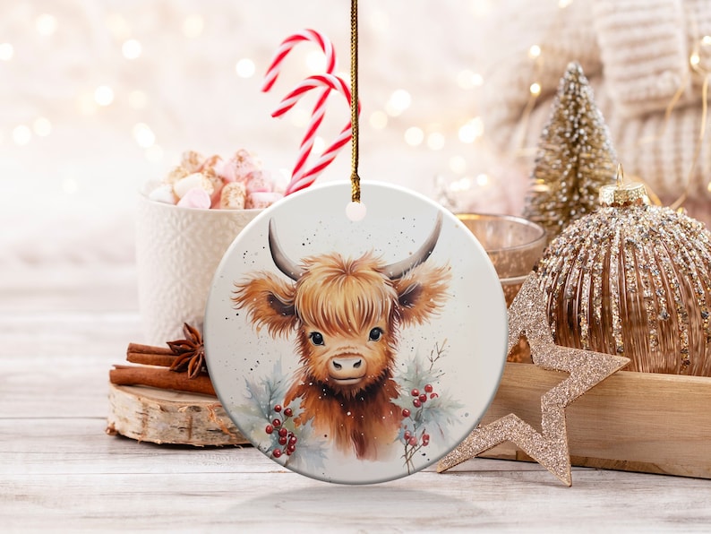 Christmas Ornament Cute Highland Cow With Berries and Snowfall