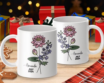 Birth Month Flower Mug Personalized With Any Name | Perfect Gift For Mom, Grandma, Sister, Aunt, Bridal Party, Best Friend, Cousin, Birthday