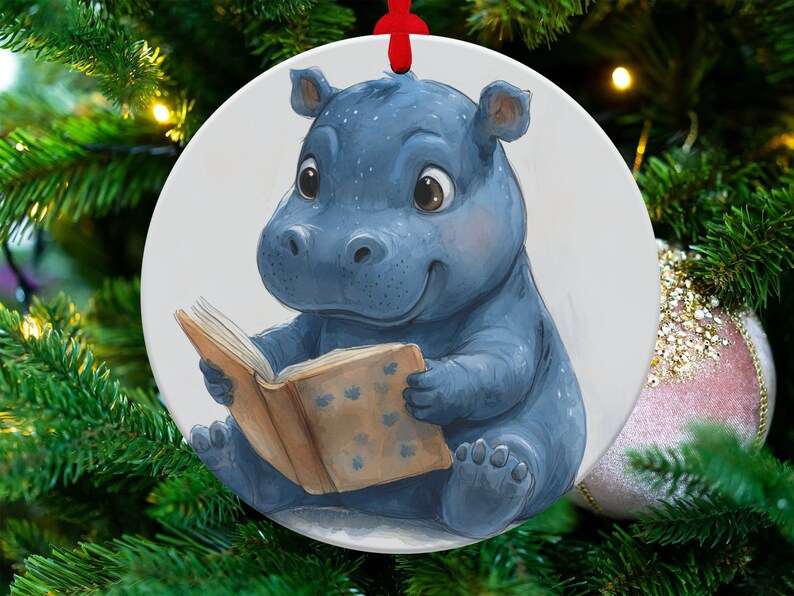 Cute Blue Hippo Reading a Book Adorable Ornaments, Christmas Ornament