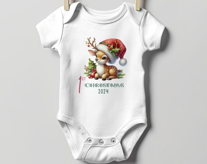 Baby's First Christmas Bodysuit 2024, Custom Baby Keepsake, Personalized Xmas Bodysuit, Deer Lovers Christmas Bodysuit With Santa Hat
