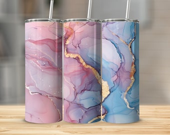 Abstract Pastel Marble Tumbler Wrap, Digital Download, Gold Accents, Pink and Blue Tumbler Wrap, Fluid Art Tumbler Design