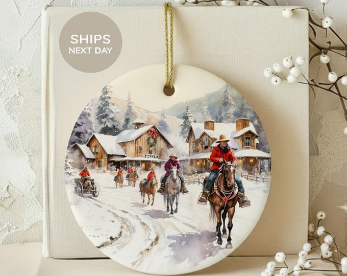 Western Christmas Ornament, Rustic Cowboy Winter Horse Scene Holiday Tree Decor, Country Farmhouse Ceramic Keepsake Gift for Horse Lover