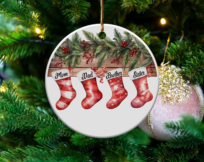 Christmas Ornaments Personalized Family, family of 4 ornament, Custom Family Stocking Ornament With Names Xmas Ceramic Keepsake Gift 2024