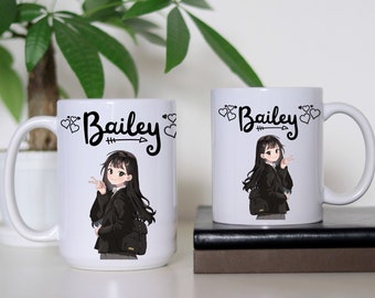 Custom Anime Character Mug, Custom Name Mug, Heart Design Mug, Personalized Cute Girl 11oz, 15oz Mug, Just A Girl Who Loves Anime Coffee Cup