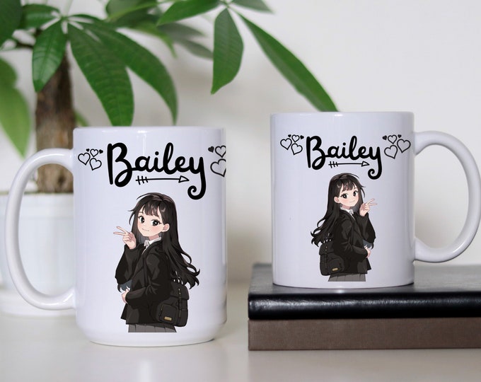 Custom Anime Character Mug, Custom Name Mug, Heart Design Mug, Personalized Cute Girl 11oz, 15oz Mug, Just A Girl Who Loves Anime Coffee Cup