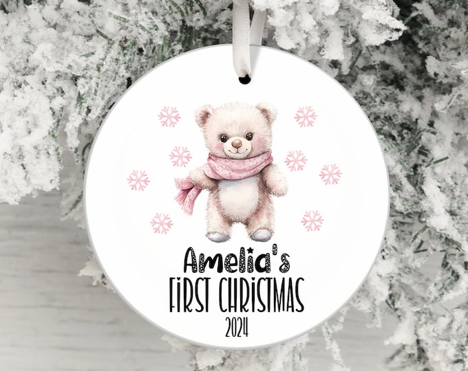 baby first christmas ornament, cute teddy bear christmas ornament, baby holiday keepsake, personalized festive ornament, baby gift idea