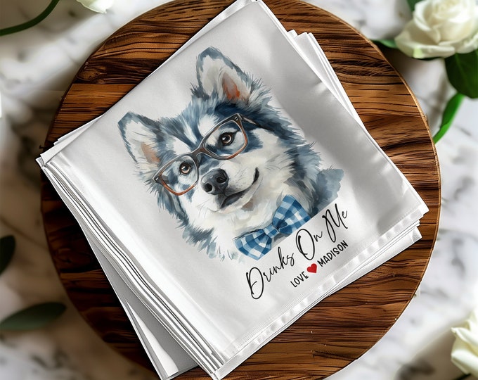 Custom Huskie Cocktail Napkins, Personalized Dog Wedding Napkins, Custom Pet Portrait Napkins, Pet Lover Wedding Decor, Pet Cocktail Napkins