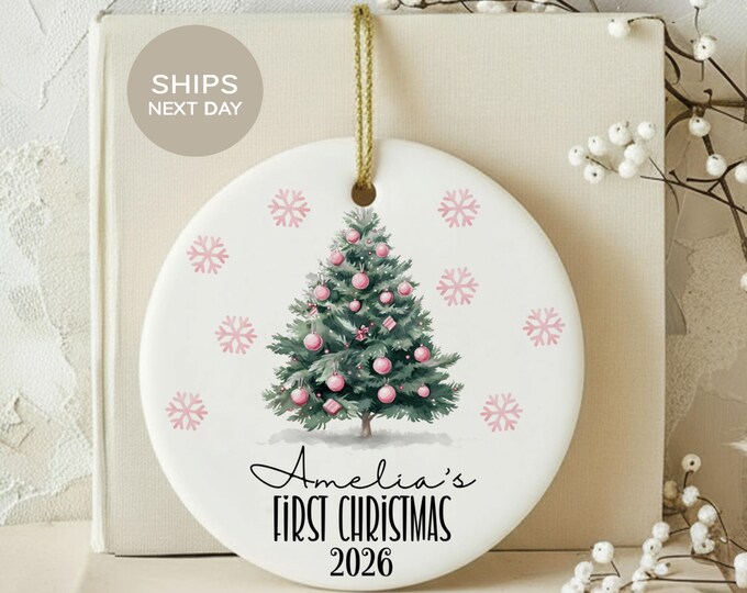 Baby First Christmas Ornament Girl Personalized Pink Tree Keepsake, Custom Name Newborn Holiday Decor, New Baby Grandchild Christmas Gift
