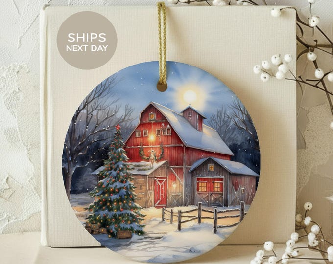 Rustic Barn Christmas Ornament, Cozy Winter Farmhouse Holiday Decor, Country Red Barn Tree Ceramic Keepsake, Vintage Farm Christmas Gift
