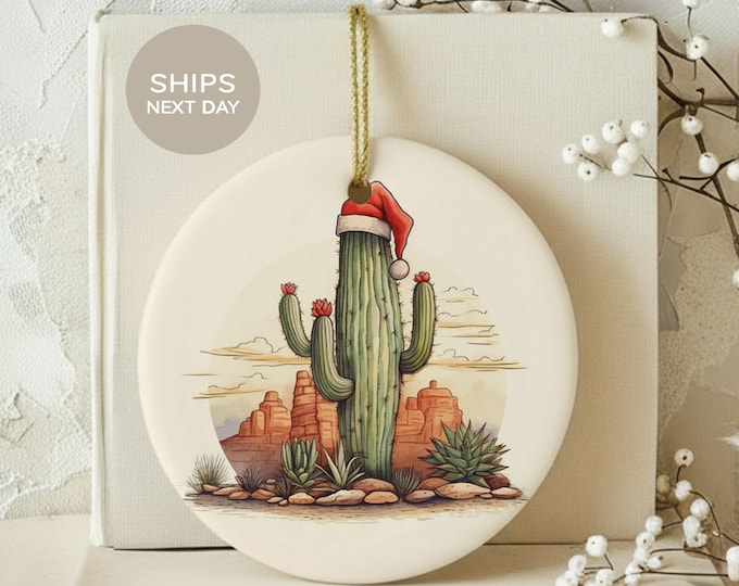 Cactus Christmas Ornament, Southwestern Holiday Tree Decor, Desert Saguaro Santa Hat Xmas Ceramic Keepsake, Cute Plant Lover Gift