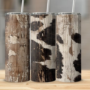 Rustic Cow Print 20oz Skinny Tumbler Wrap, Western Style Tumbler Design, Farmhouse Tumbler Digital Download, Barn Wood Tumbler Wrap