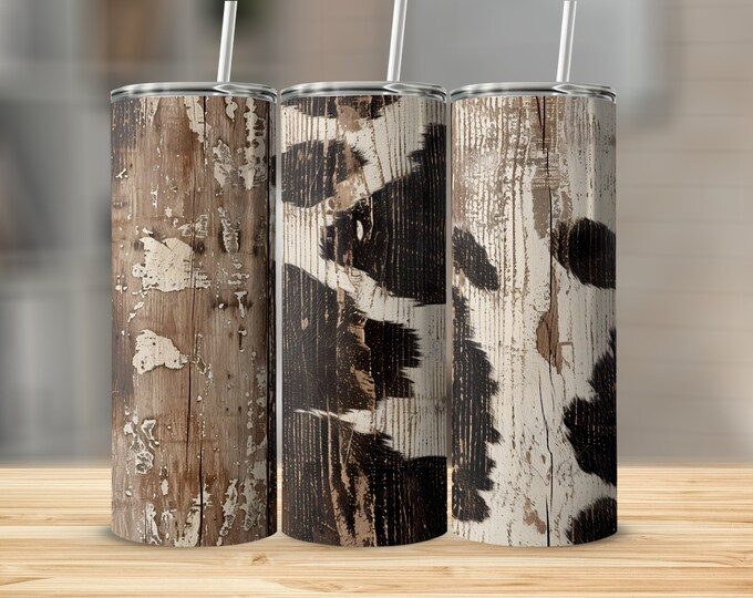 Rustic Cow Print 20oz Skinny Tumbler Wrap, Western Style Tumbler Design, Farmhouse Tumbler Digital Download, Barn Wood Tumbler Wrap