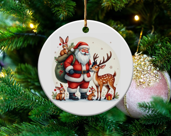 Vintage Santa Claus Ornament with Reindeer, Christmas Decoration, Holiday Gift, Festive Home Decor, Santa Figurine Collectible