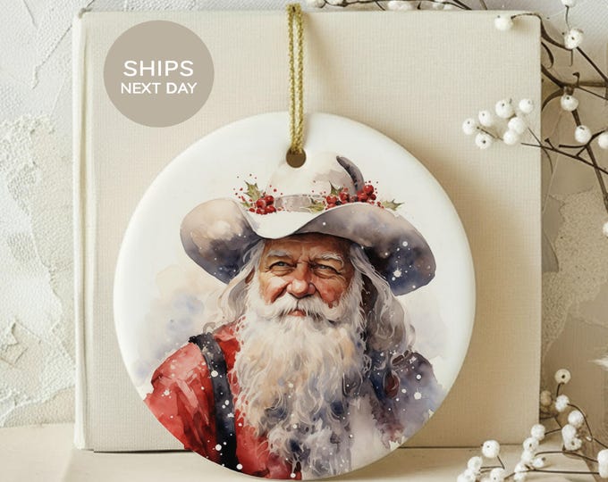 Western Santa Ornament, Cowboy Santa Claus Christmas Decor, Rustic Country Holiday Tree Decoration, Farmhouse Vintage Xmas Gift