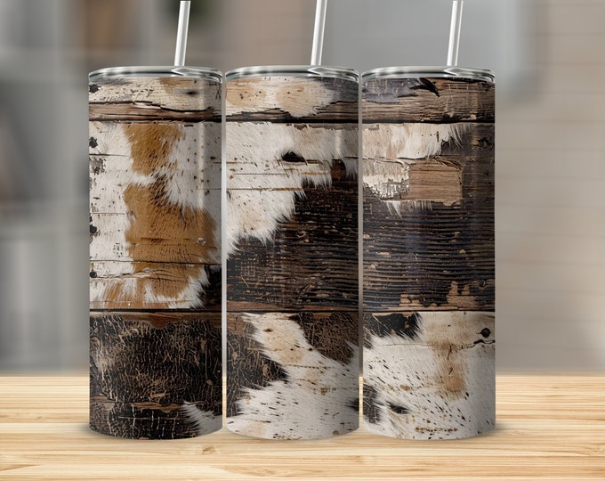 Cowhide Wood Grain Tumbler Wrap, Western Rodeo Tumbler Design, Rustic Farmhouse Tumbler, Digital 20oz Skinny Tumbler Wrap