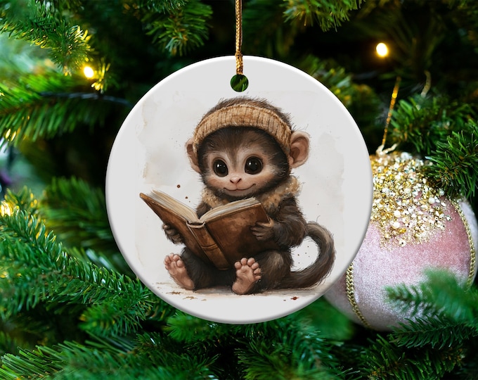 Adorable Baby Monkey Reading Book Ornaments, Christmas Ornament Gift For Son & Daughter, Animal lovers Gift For The Family Friends
