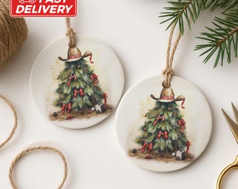 Cowboy Christmas Tree Ceramic Ornament