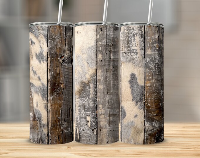 Rustic Wood Plank Cowhide 20oz Skinny Tumbler Wrap, Western Style Digital Tumbler Wrap, Country Cowboy Tumbler Design, Farmhouse Tumbler Art