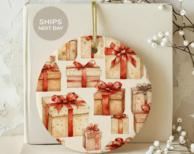 Christmas Gift Box Ornament, Vintage Holiday Present Ceramic Ornament, Watercolor Xmas Tree Decor, Cute Ribbon Bow Keepsake Gift