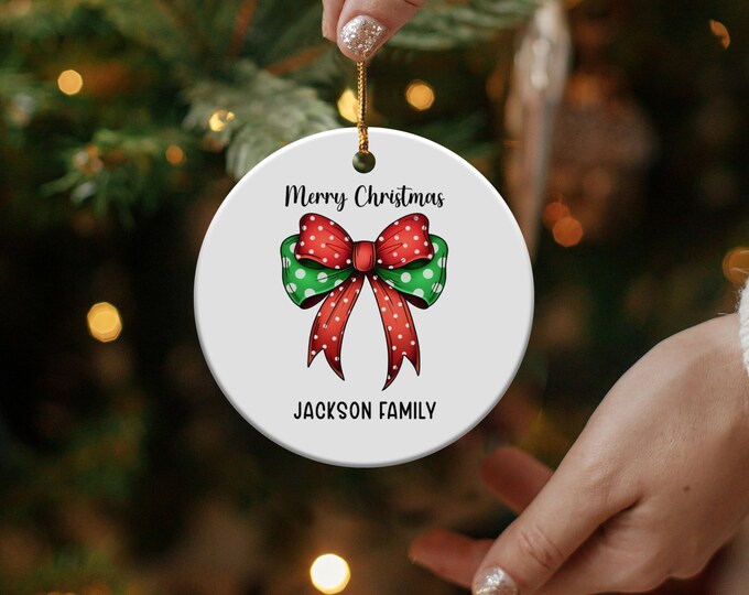 Custom Coquette Family Christmas Ornament, Personalized Holiday Decoration, Festive Bow Design, Merry Christmas Keepsake, Home Decor