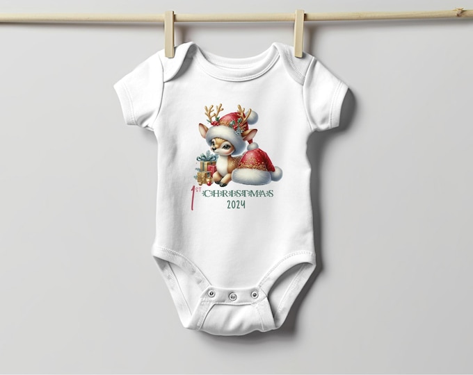 Baby's First Christmas Bodysuit 2024: Deer with Santa Hat
