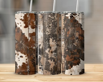 Rustic Wooden Cowhide Pattern, 20oz Skinny Tumbler Wrap, Digital Download, Farmhouse Aesthetic, Cowboy Western Print, Unique Gift Idea