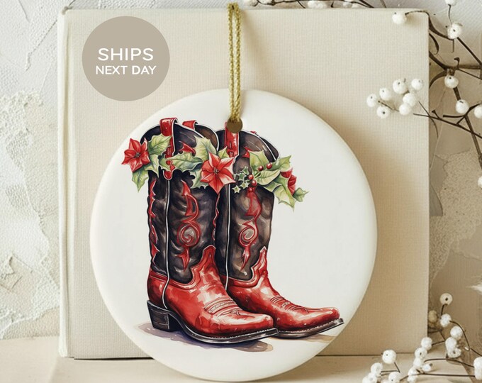 Cowboy Boots Ornament, Western Christmas Tree Decor, Country Cowgirl Holiday Gift, Rustic Farmhouse Poinsettia Boot Ceramic Keepsake
