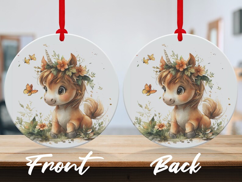 Baby Unicorn Surrounded With Flowers and Butterflies Ornaments