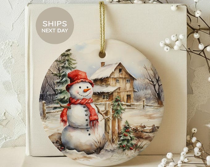 Vintage Snowman Ceramic Ornament, Rustic Farmhouse Christmas Tree Decor, Cozy Winter Cabin Holiday Gift, Nostalgic Snow Scene Bauble