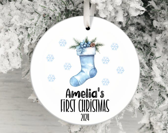 baby first christmas ornament, baby's first christmas ornament 2021, personalized baby christmas decor, holiday stocking ornament