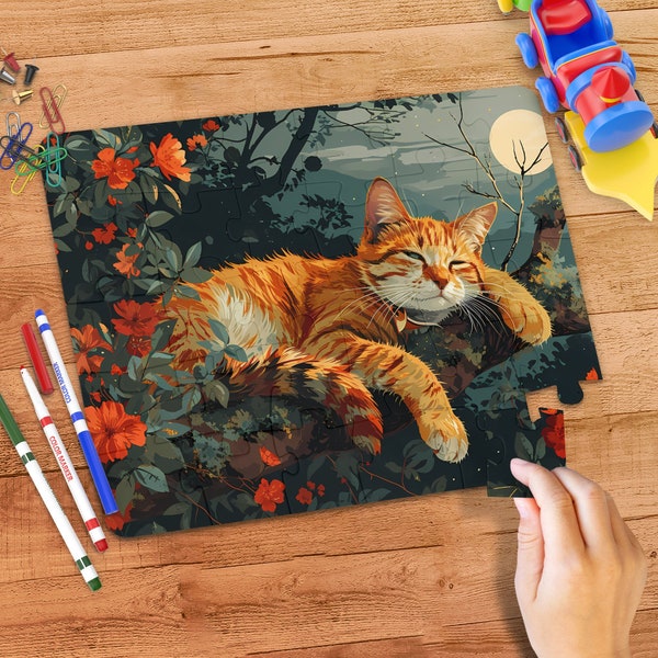 Sleeping Orange Cat on Tree Branch, Horizontal Jigsaw Puzzle 30, 110, 252, 520, 1014 Pieces, Moonlit Night Floral Background, Animal Lovers