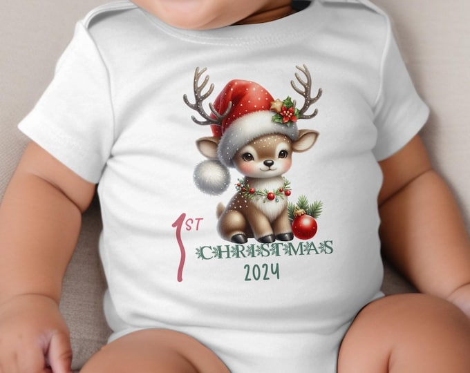 Baby's First Christmas Bodysuit 2024, Custom Baby Keepsake, Personalized Xmas Bodysuit, Deer Lovers Christmas Bodysuit With Santa Hat