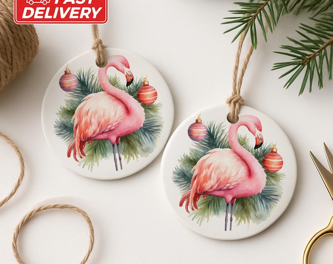 Flamingo Christmas Ornament, Pink Bird Ornament, Tropical Holiday Decor, Watercolor Ornament, Winter Flamingo, Cute Ornament