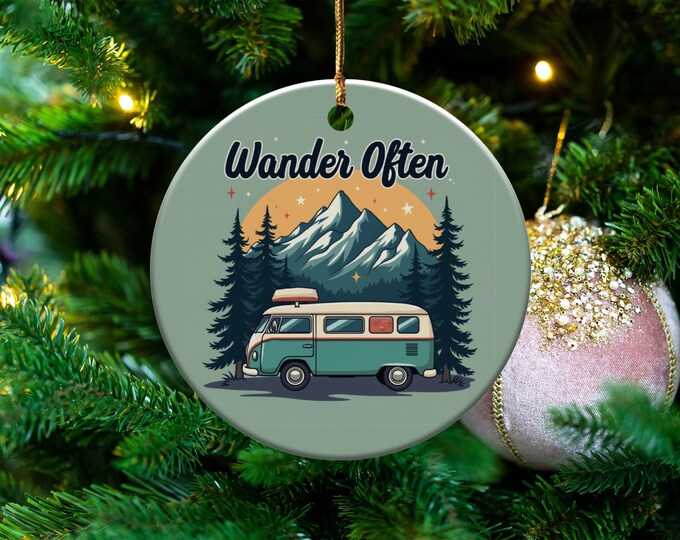 Vintage Camper Ornament, Wanderlust Mountain Scene Decoration, Adventure Travel Keepsake, Road Trip Collectible Gift