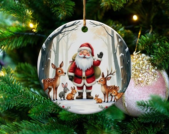 Christmas Ornament Santa and Woodland Animals, Festive Holiday Decoration, Santa Claus with Deer and Bunnies, Tree Decor