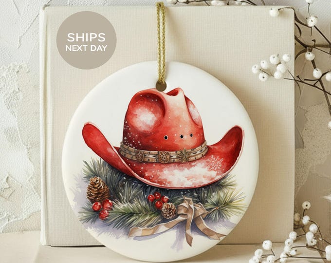 Western Christmas Ornament, Red Cowboy Hat Tree Decor, Rustic Country Holiday Gift for Cowgirl, Farmhouse Xmas Decor, Western Holiday Gift