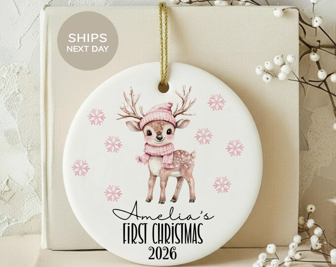 Babys First Christmas Ornament, Custom Pink Deer Baby Girl Keepsake, Personalized Fawn Ceramic Holiday Ornament, Cute Nursery Decor Gift
