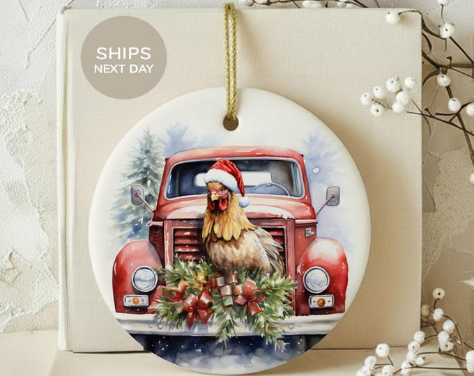 Chicken Christmas Ornament, Vintage Red Truck Farmhouse Holiday Decor, Rustic Rooster Xmas Tree Decoration, Country Farm Homestead Gift
