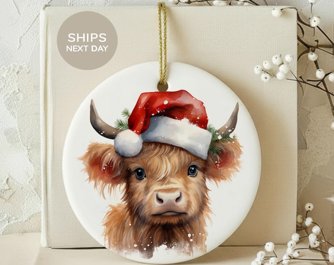 Highland Cow Christmas Ornament, Cute Baby Calf with Santa Hat Tree Decor, Farmhouse Holiday Ceramic Keepsake, Rustic Animal Lover Gift